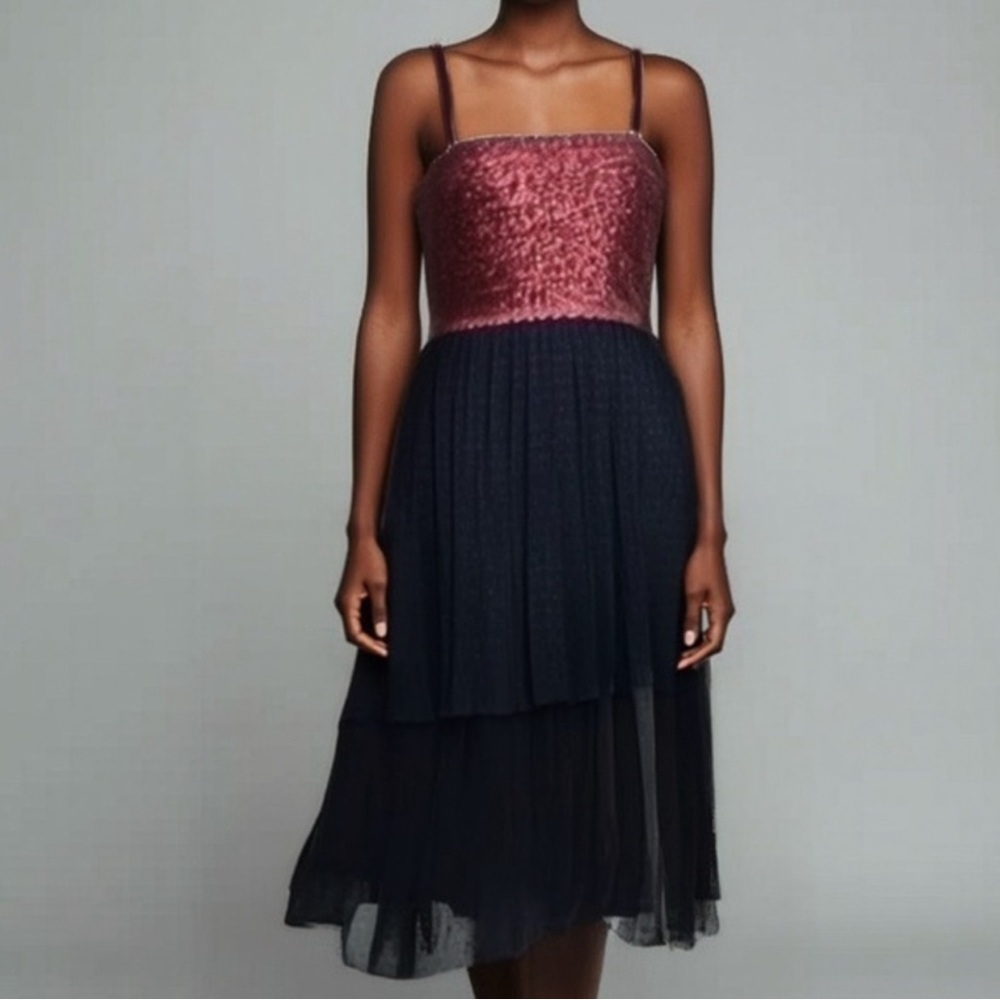 Dress The Population Kady Tiered Sequin and Tulle Dress In Merlot Size Large New